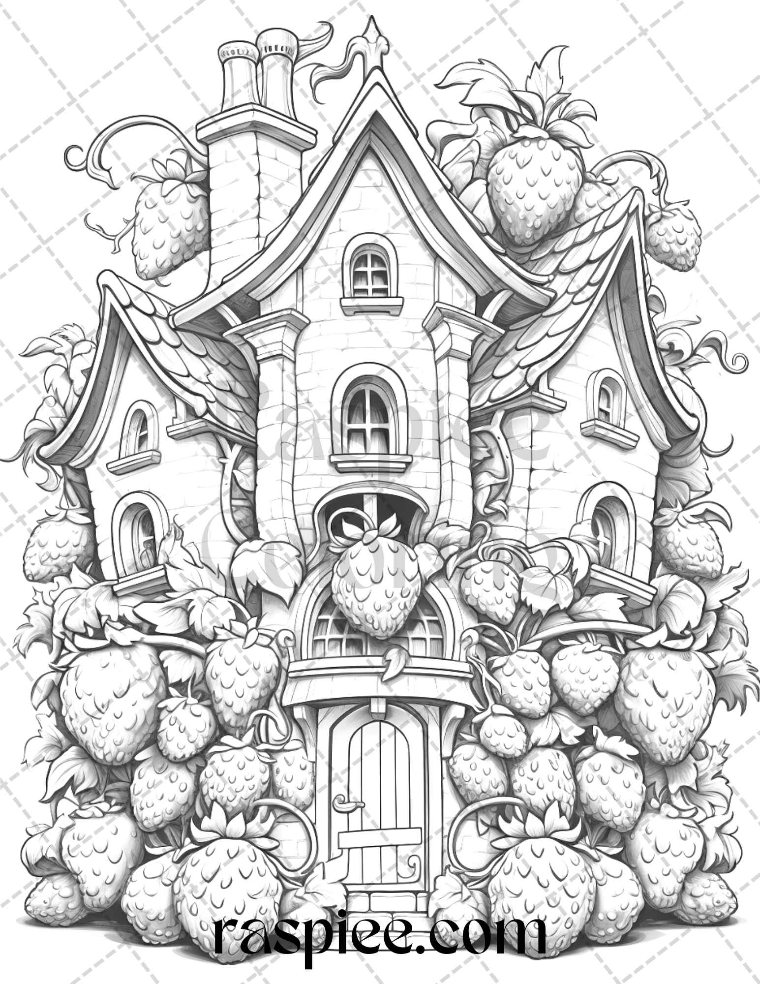 50 Strawberry Houses Grayscale Coloring Pages Printable for Adults Kids, PDF File Instant Download - raspiee