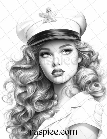 40 Sailor Pin Up Girls Grayscale Coloring Pages Printable for Adults, PDF File Instant Download - raspiee