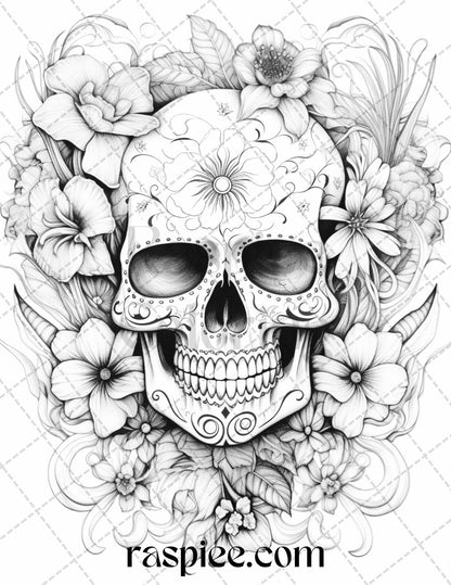 42 Floral Skull Grayscale Coloring Pages for Adults, Stress Relief Coloring Sheets, Printable PDF File Instant Download
