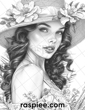 50 Vintage Spring Pin Up Girls Grayscale Adult Coloring Pages, Printab ...