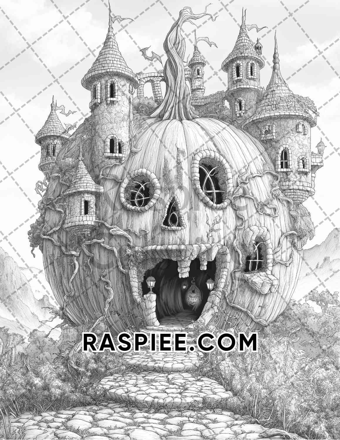 Fantasy Giant Pumpkin Castles Adult Coloring Pages Printable PDF Instant Download - RASPIEE