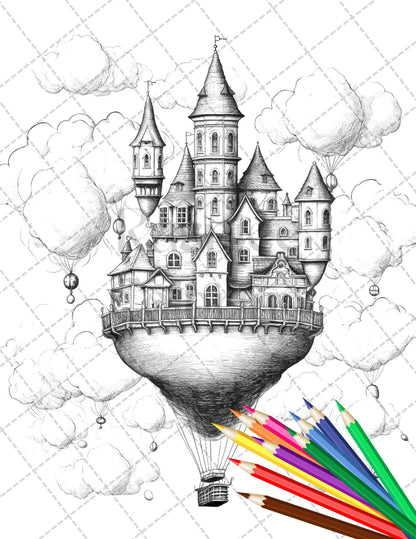 40 Fantasy Sky Houses Grayscale Coloring Pages Printable for Adults, PDF File Instant Download - raspiee