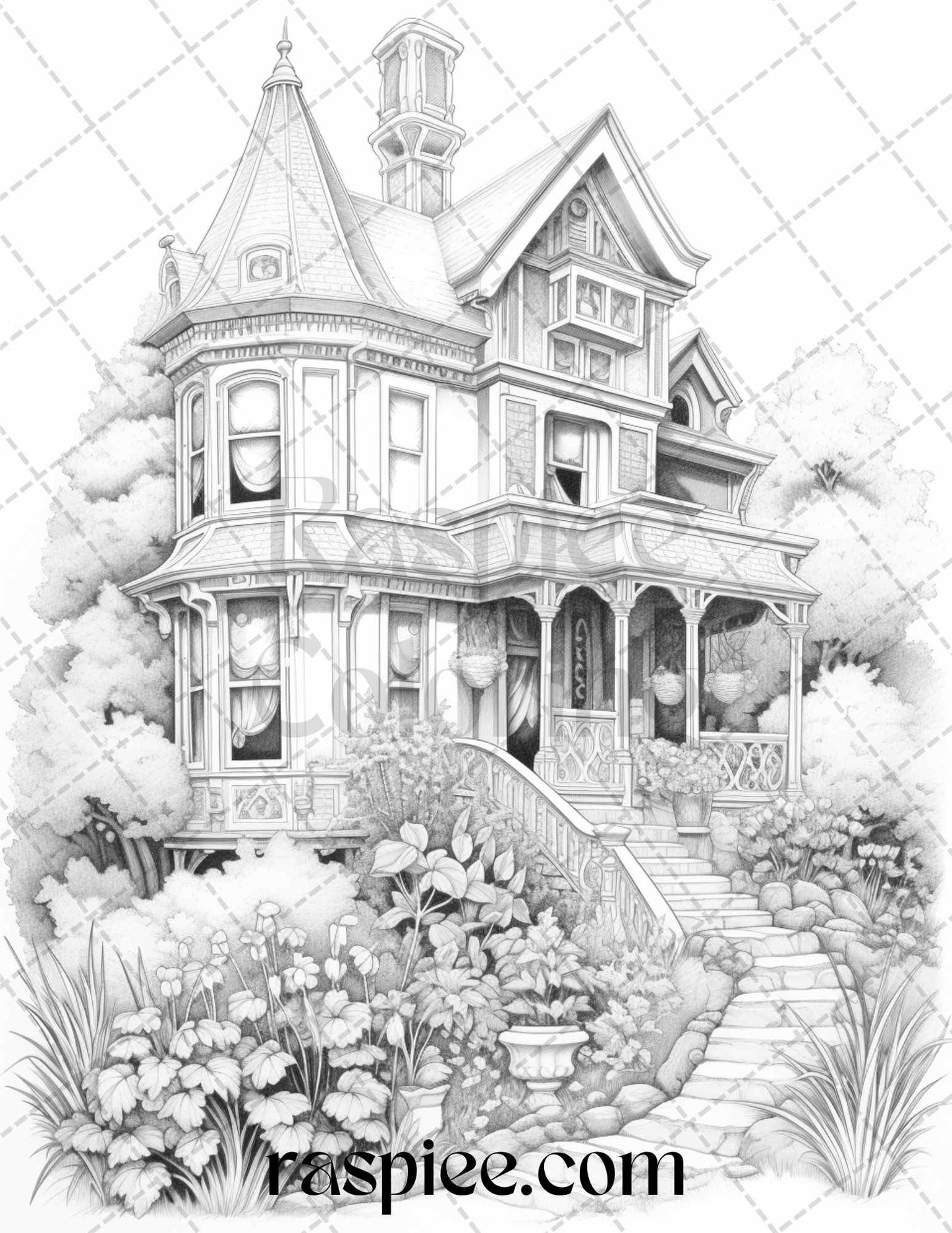 40 Victorian Houses Grayscale Coloring Pages Printable for Adults, PDF File Instant Download - raspiee