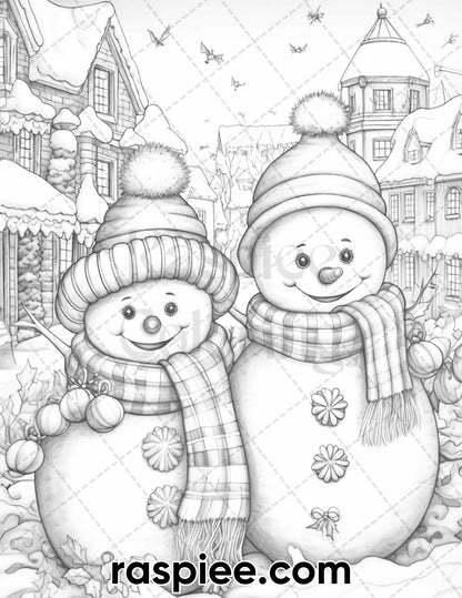 40 Chistmas Snowman Grayscale Coloring Pages for Adults, Printable PDF Instant Download