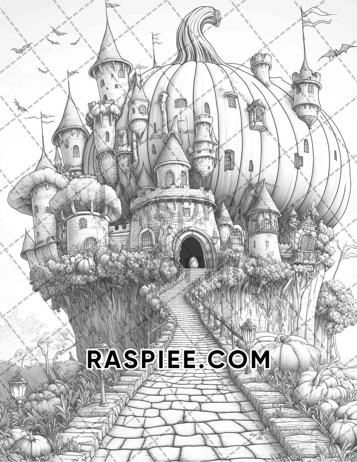 Fantasy Giant Pumpkin Castles Adult Coloring Pages Printable PDF Instant Download - RASPIEE