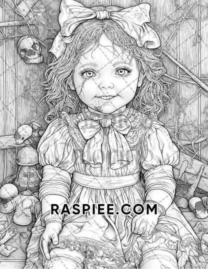 Haunted Dolls Halloween Horror Adult Coloring Pages Printable PDF Instant Download - RASPIEE