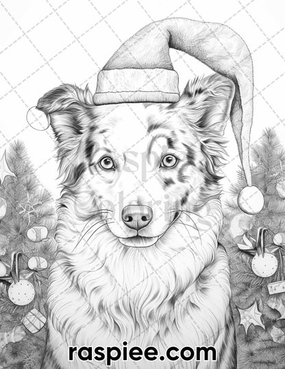 45 Christmas Dogs Grayscale Coloring Pages for Adults, Printable PDF Instant Download