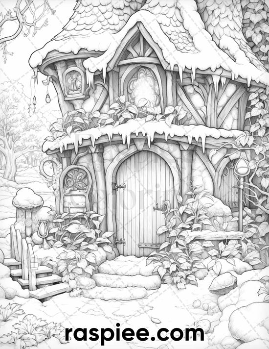 50 Winter Wonderland Grayscale Coloring Pages for Adults, Printable PD