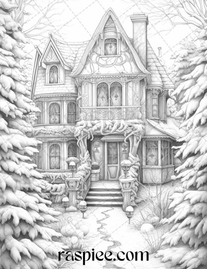 42 Fantasy Christmas Houses Grayscale Coloring Pages Printable for Adults, PDF File Instant Download
