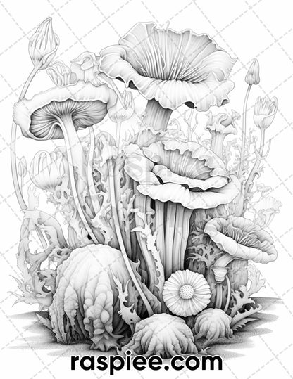 55 Fantasy Flowers Grayscale Coloring Pages for Adults, Printable PDF File Instant Download