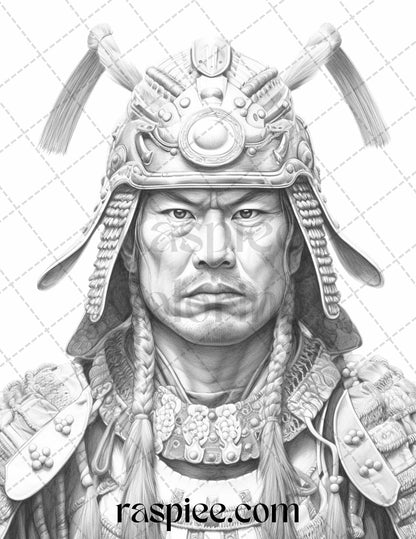 42 Japanese Samurai Grayscale Coloring Pages for Adults, Printable PDF File Instant Download