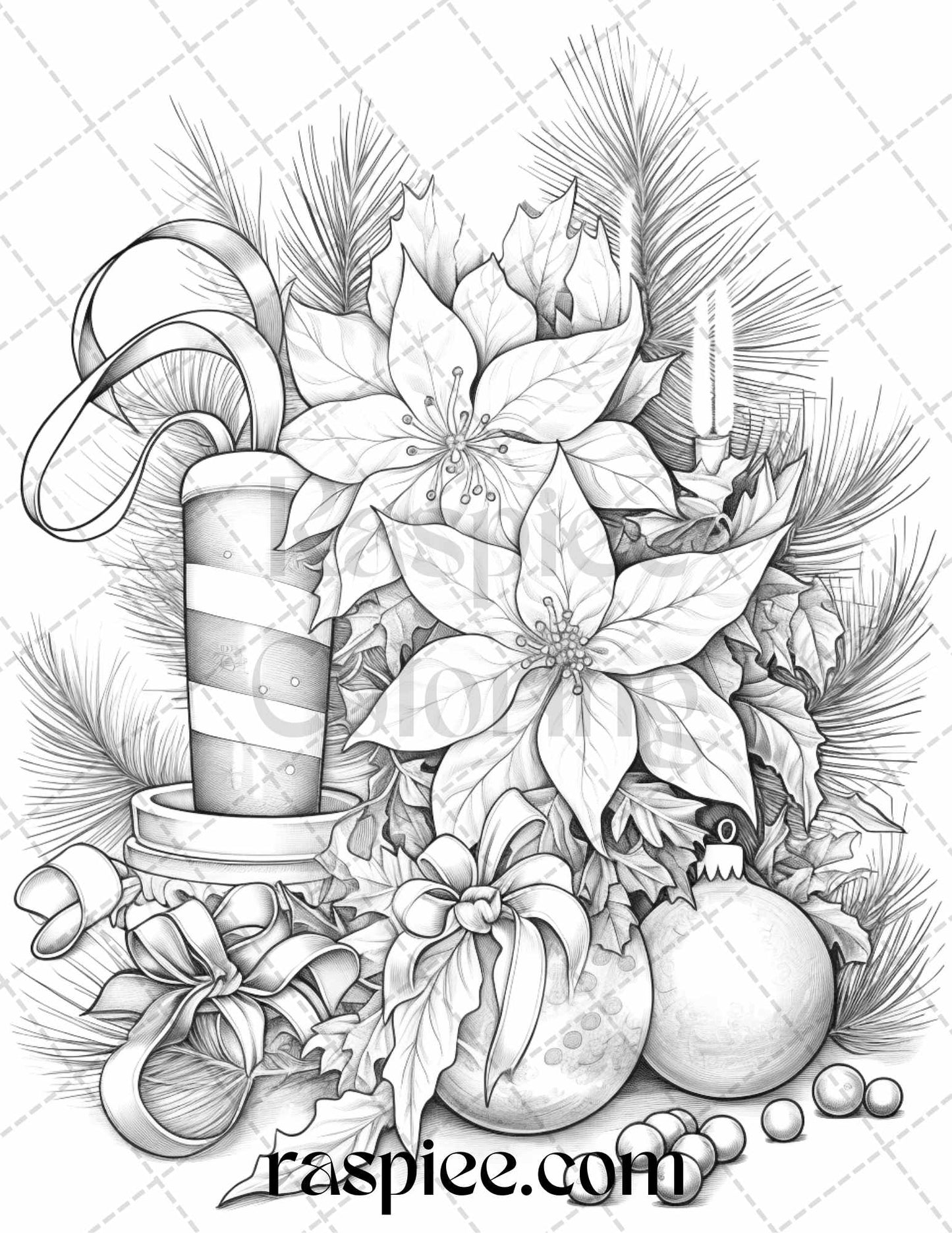 45 Christmas Flowers Grayscale Coloring Pages Printable for Adults, PDF File Instant Download