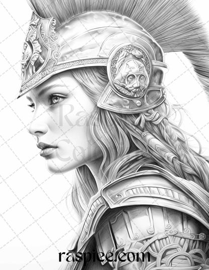 Greek Women Warriors Grayscale Coloring Pages for Adults, Printable PDF File Instant Download