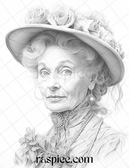 50 Victorian Grandma Grayscale Coloring Pages Printable for Adults, PDF File Instant Download - Raspiee Coloring