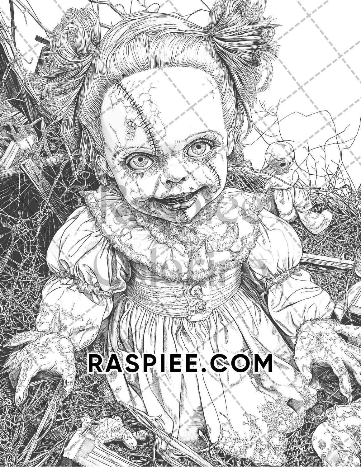 Haunted Dolls Halloween Horror Adult Coloring Pages Printable PDF Instant Download - RASPIEE