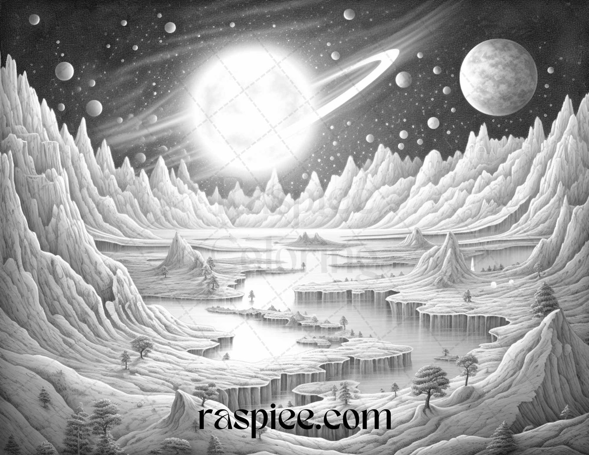 55 Celestial Landscapes Grayscale Coloring Pages Printable for Adults, PDF File Instant Download - Raspiee Coloring