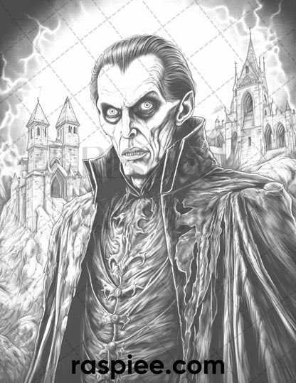 50 Count Dracula Grayscale Coloring Pages Printable for Adults, PDF File Instant Download