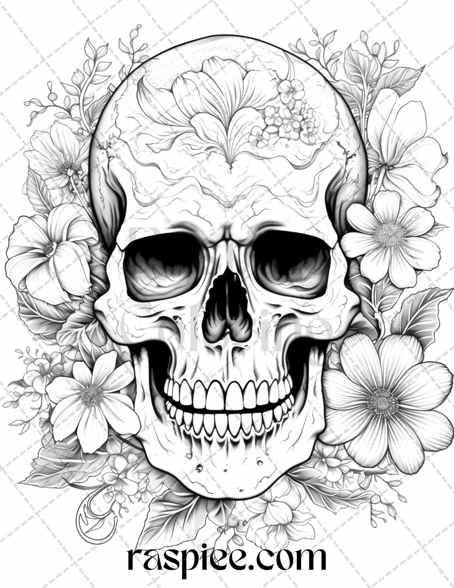 42 9b4e050b 7924 48c1 9369 92b44db02907 42 floral skull grayscale coloring pages for adults, stress relief coloring sheets, printable pdf file instant download