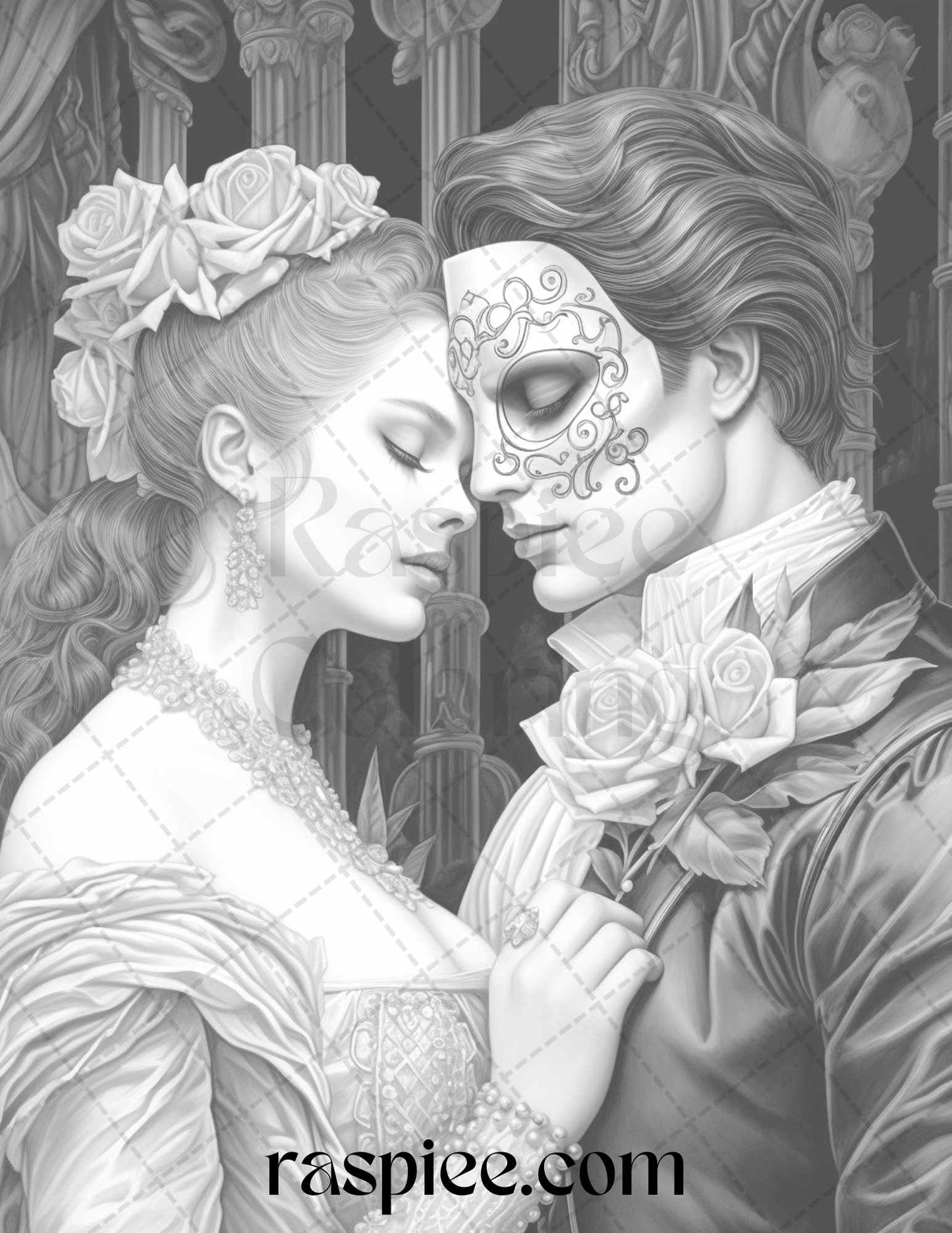 Phantom of the Opera Grayscale Coloring Pages Printable for Adults, PDF File Instant Download - Raspiee Coloring