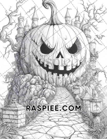 Fantasy Giant Pumpkin Castles Adult Coloring Pages Printable PDF Instant Download - RASPIEE