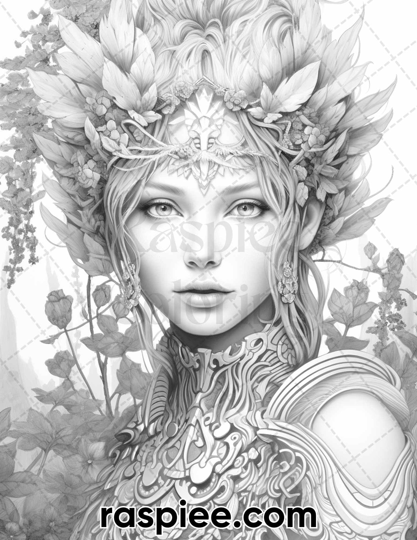 50 Fantasy Forest Elves Grayscale Coloring Pages for Adults, Printable PDF Instant Download