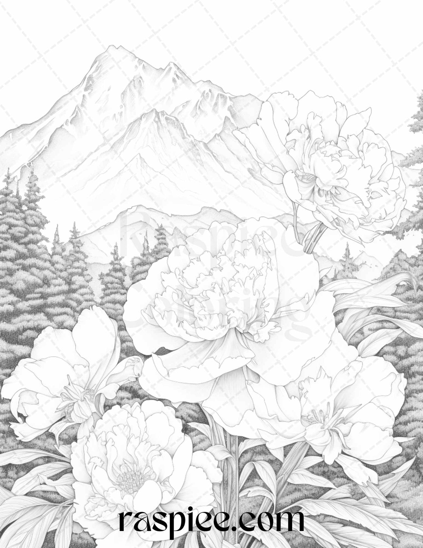 60 Mountain Flower Landscapes Grayscale Coloring Pages Printable for Adults, PDF File Instant Download - Raspiee Coloring