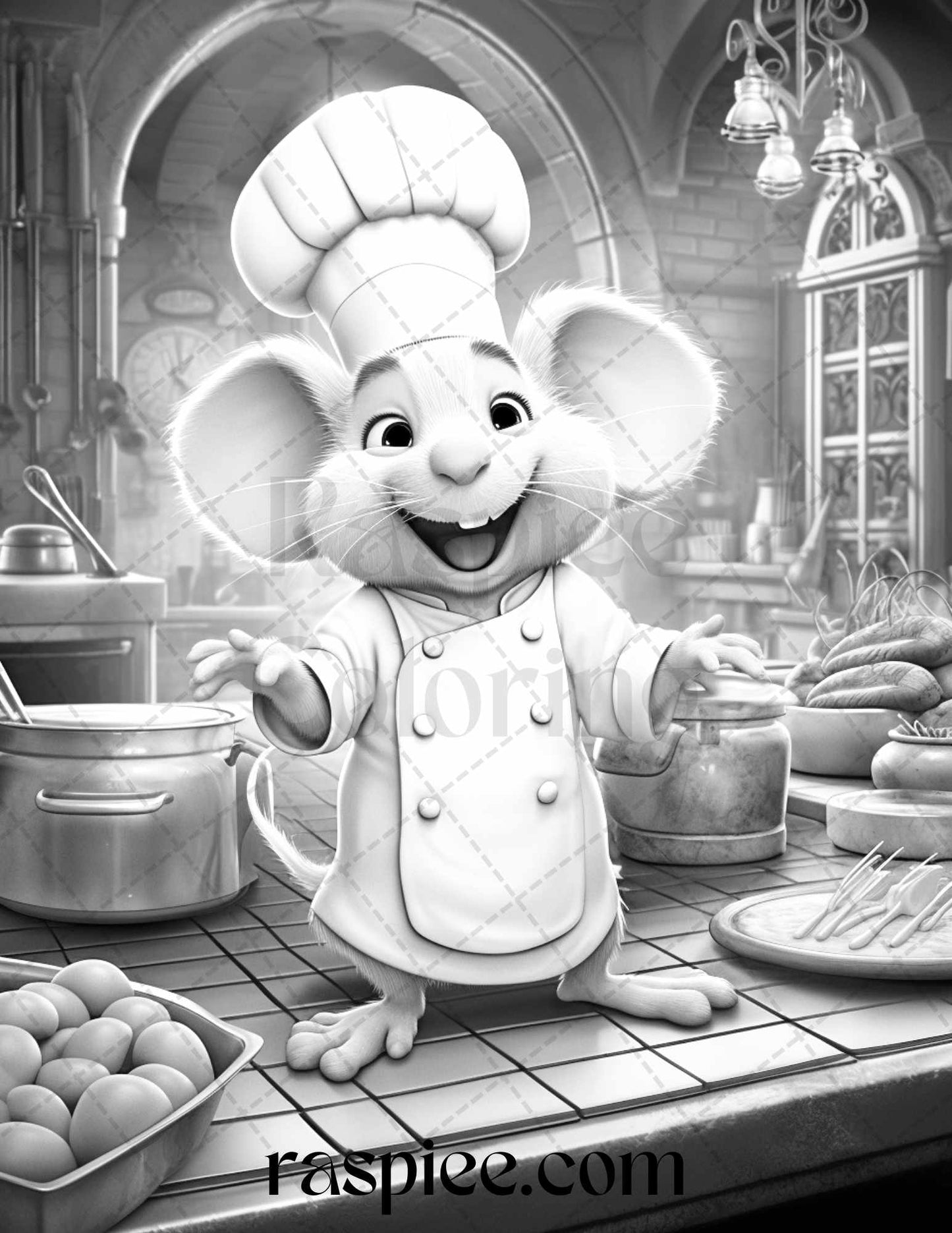 45 Mouse Chef Grayscale Coloring Pages Printable for Adults, PDF File Instant Download