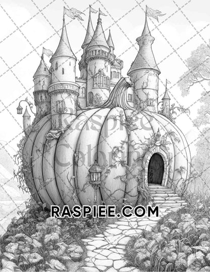 Fantasy Giant Pumpkin Castles Adult Coloring Pages Printable PDF Instant Download - RASPIEE