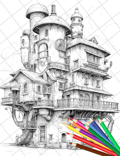50 Steampunk Houses Grayscale Coloring Pages Printable for Adults, PDF File Instant Download - raspiee
