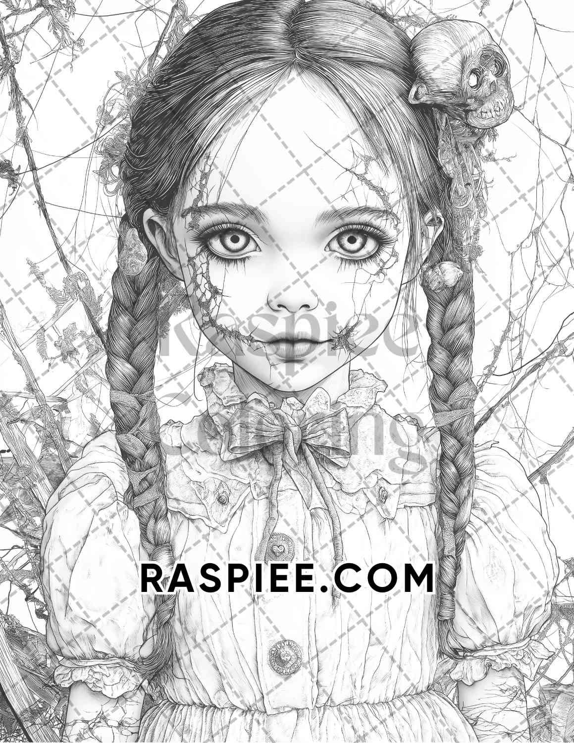 Haunted Dolls Halloween Horror Adult Coloring Pages Printable PDF Instant Download - RASPIEE