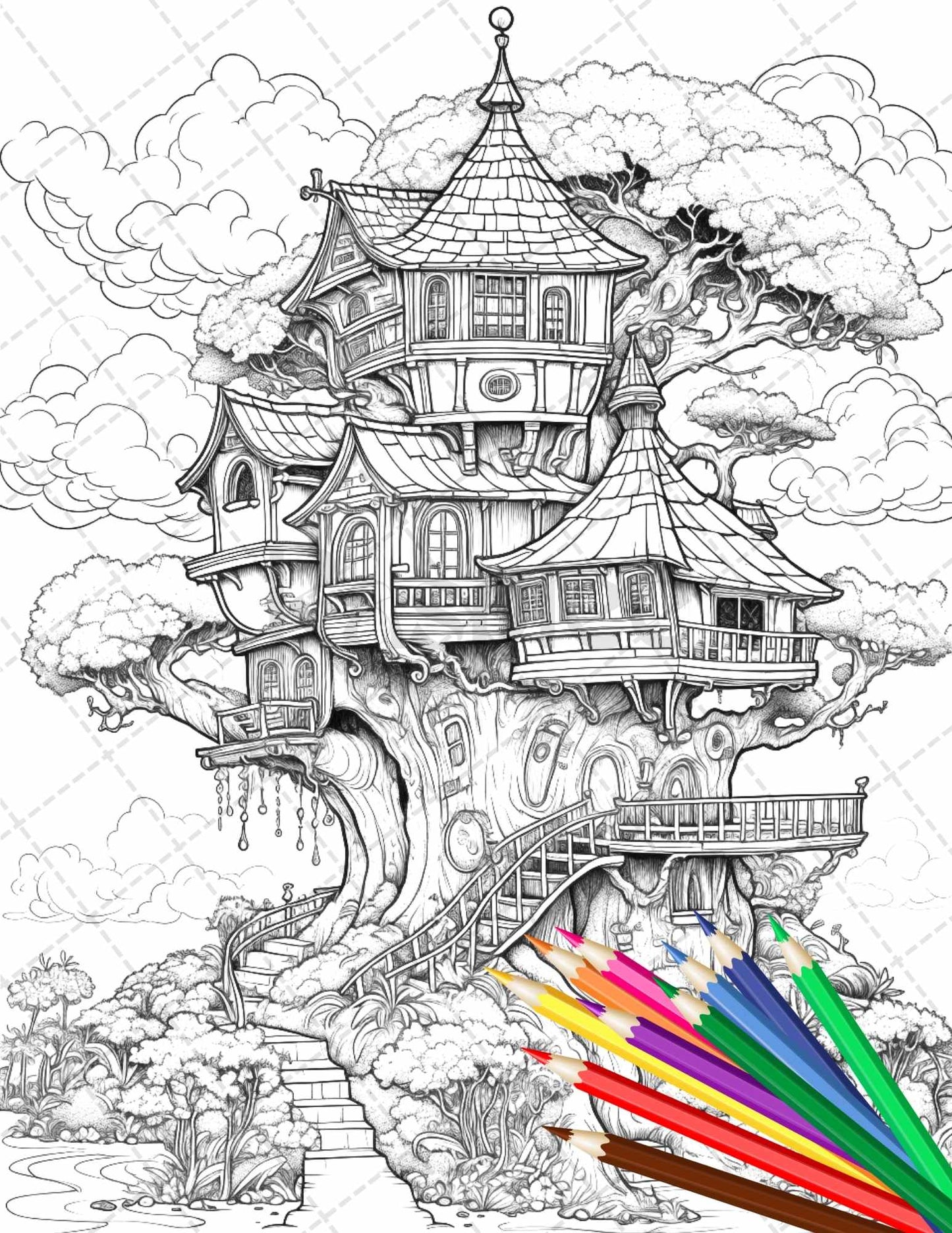 110 Casa del árbol encantada Libro para colorear imprimible para adultos, Página para colorear en escala de grises, Archivo PDF Descarga instantánea