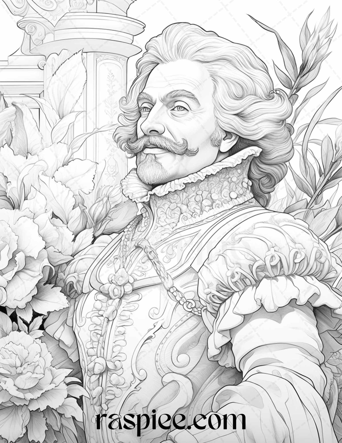 50 Baroque Man Portrait Grayscale Graysale Coloring Pages Printable for Adults, PDF File Instant Download - Raspiee Coloring