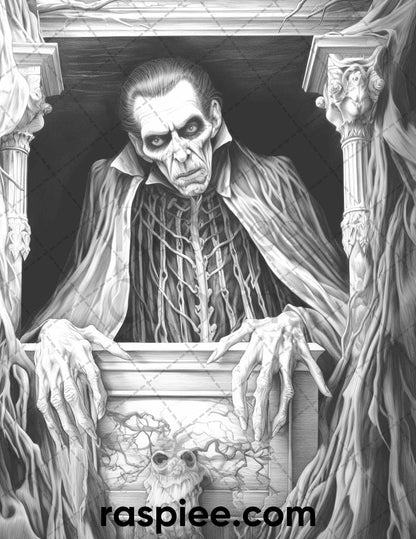 50 Count Dracula Grayscale Coloring Pages Printable for Adults, PDF File Instant Download