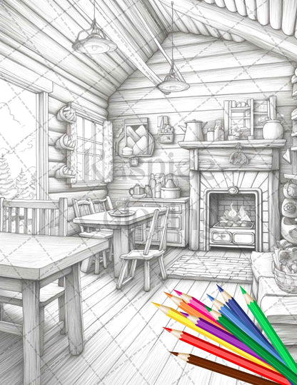 Cozy Cabin Interior Grayscale Coloring Pages Printable for Adults, PDF File Instant Download - raspiee
