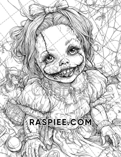 Haunted Dolls Halloween Horror Adult Coloring Pages Printable PDF Instant Download - RASPIEE