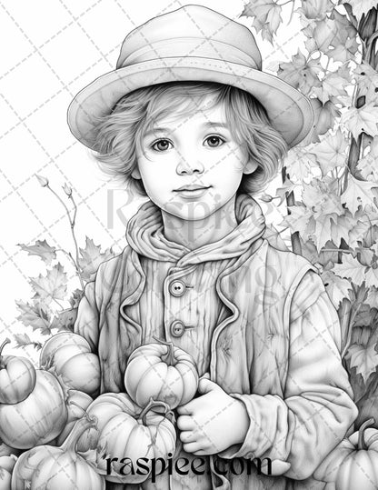 60 Victorian Autumn Portrait Grayscale Coloring Pages Printable for Adults, PDF File Instant Download