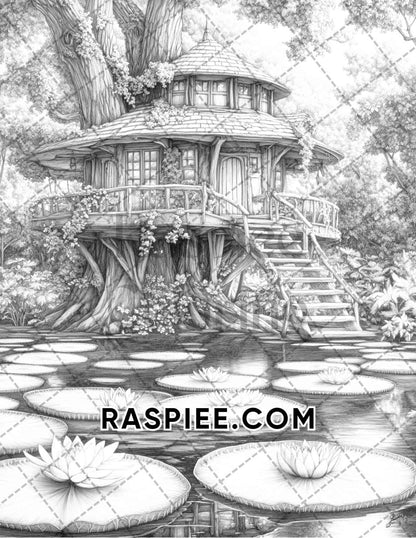 Fantasy Flower Houses Adult Coloring Pages Printable PDF Instant Download