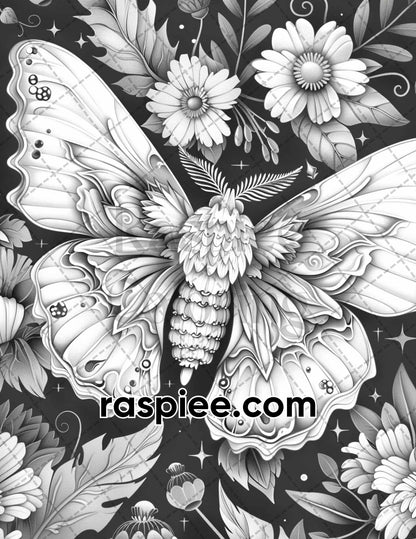 77 Butterflies and Moths Grayscale Adult Coloring Pages, Printable PDF Instant Download - RASPIEE