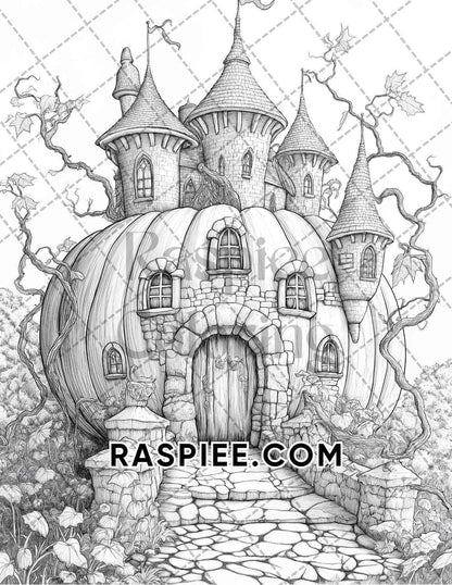 Fantasy Giant Pumpkin Castles Adult Coloring Pages Printable PDF Instant Download - RASPIEE