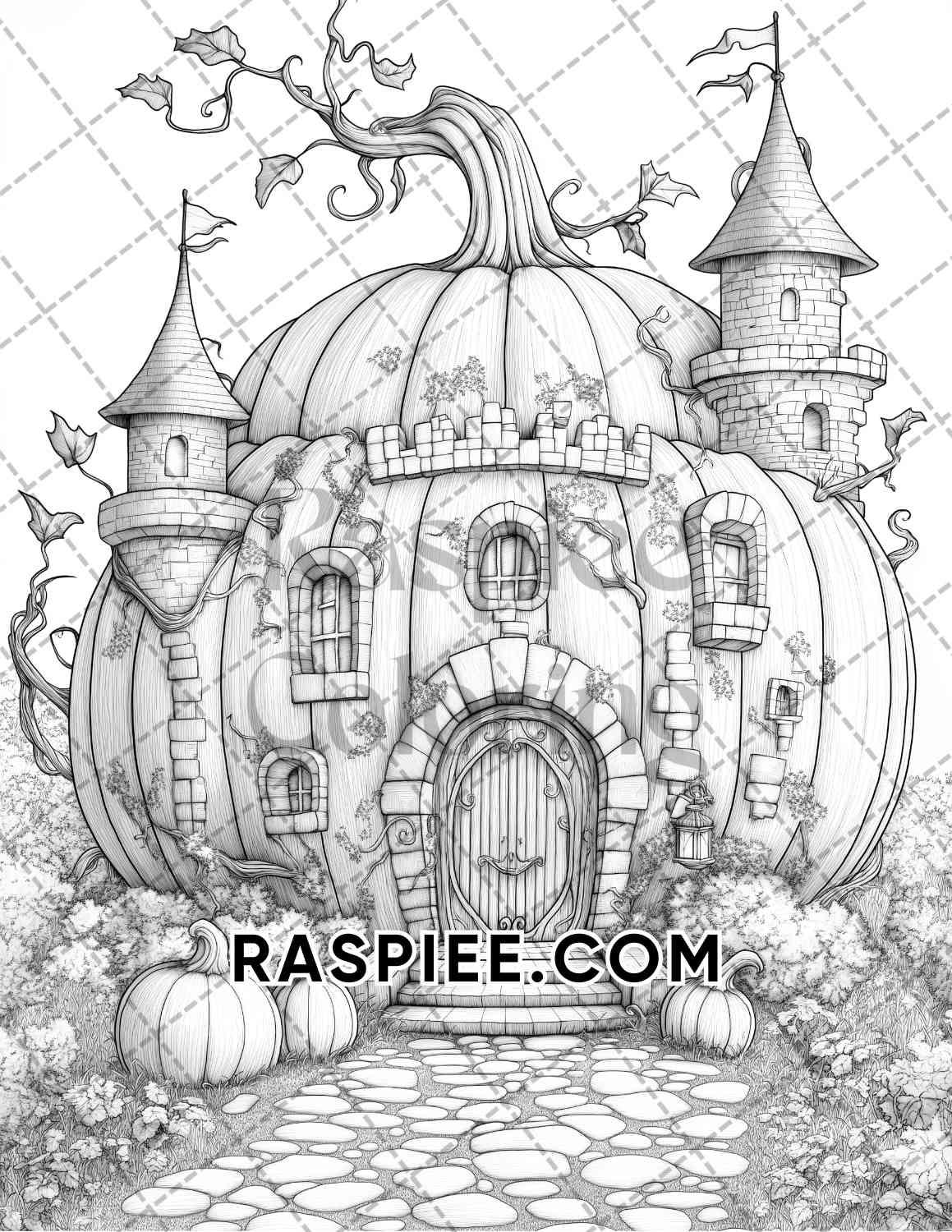 Fantasy Giant Pumpkin Castles Adult Coloring Pages Printable PDF Instant Download - RASPIEE