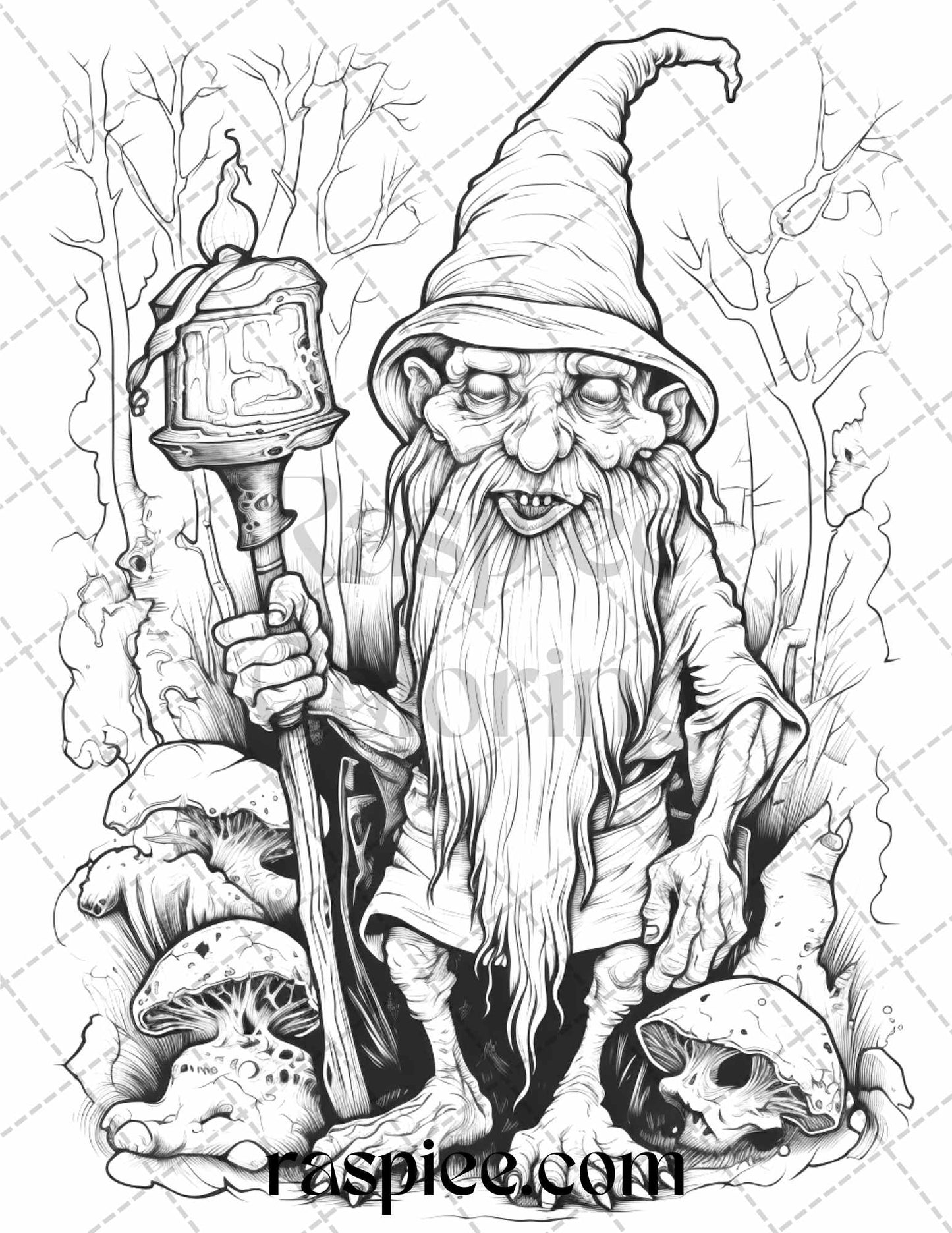 50 Horror Zombie Gnomes Grayscale Coloring Pages Printable for Adults, PDF File Instant Download - raspiee