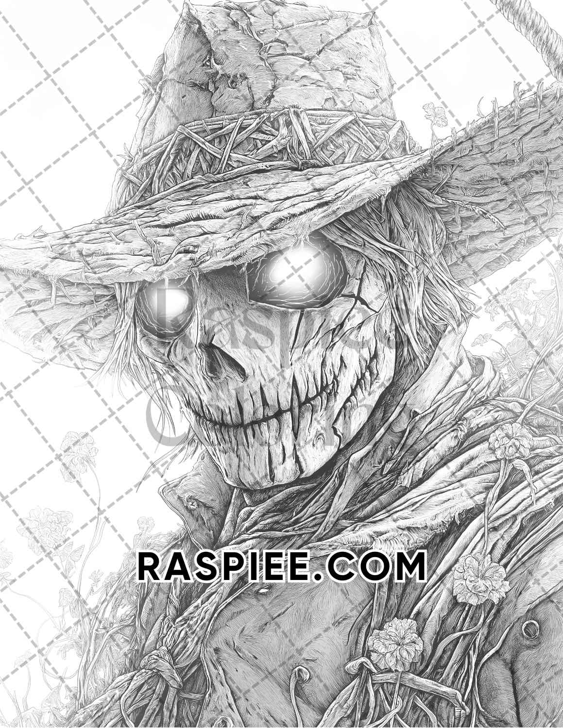 Horror Scarecrow Halloween Adult Coloring Pages Printable PDF Instant Download