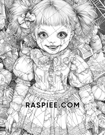 Haunted Dolls Halloween Horror Adult Coloring Pages Printable PDF Instant Download - RASPIEE