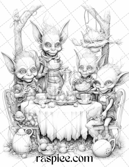 50 Halloween Goblin Grayscale Coloring Pages Printable for Adults, PDF File Instant Download