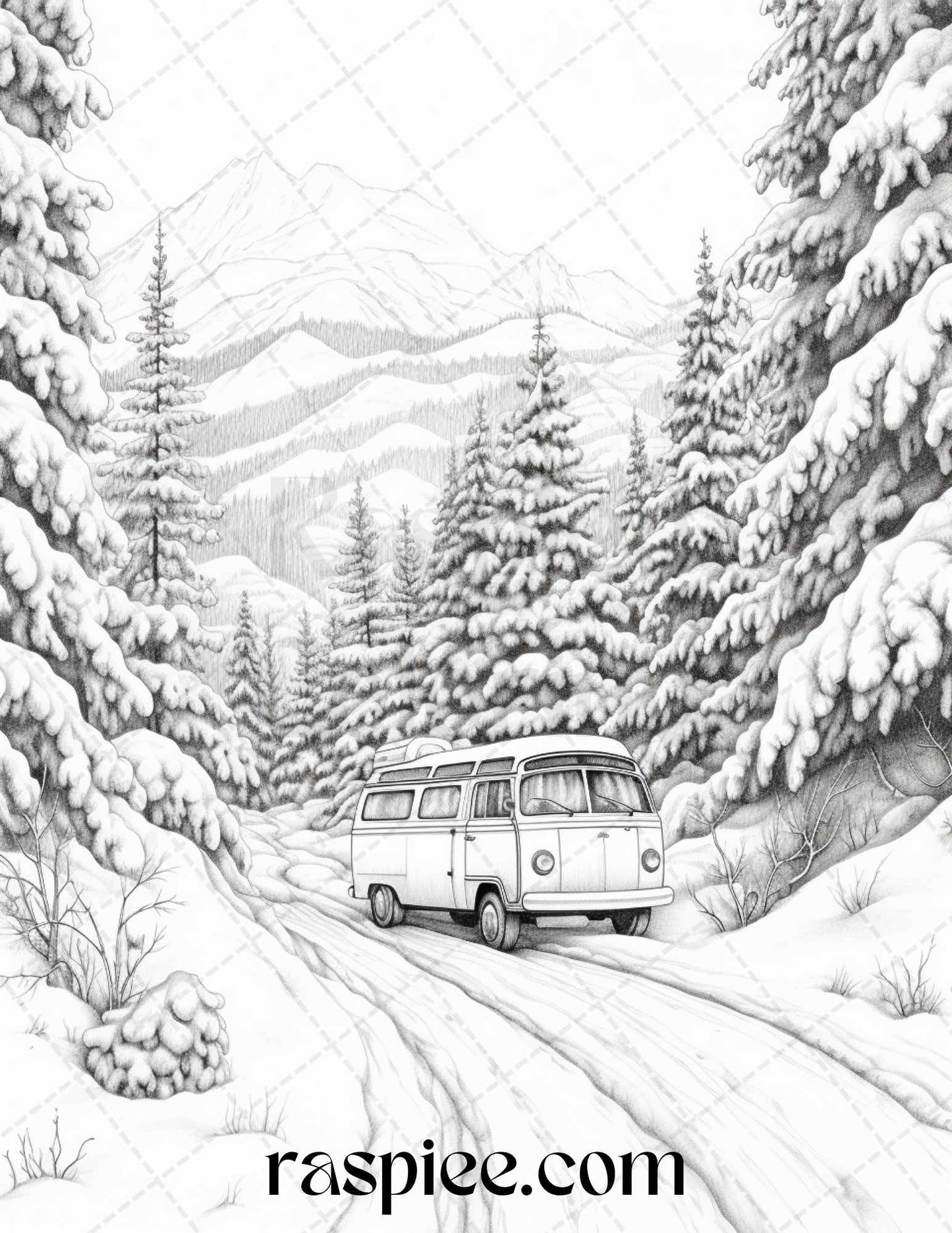 Winter Scenery Grayscale Coloring Pages Printable, Relaxing Snowy Landscapes, PDF File Instant Download - Raspiee Coloring