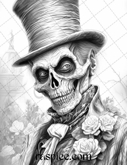 60 Halloween Victorian Era Grayscale Coloring Pages Printable for Adults, PDF File Instant Download