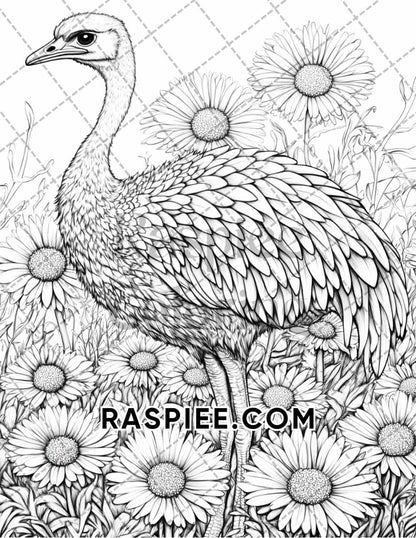 Flowers and Birds Adult Coloring Pages Printable PDF Instant Download - RASPIEE