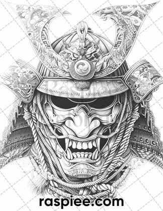 60 Traditional Japanese Tattoos Grayscale Adult Coloring Pages, Printa 