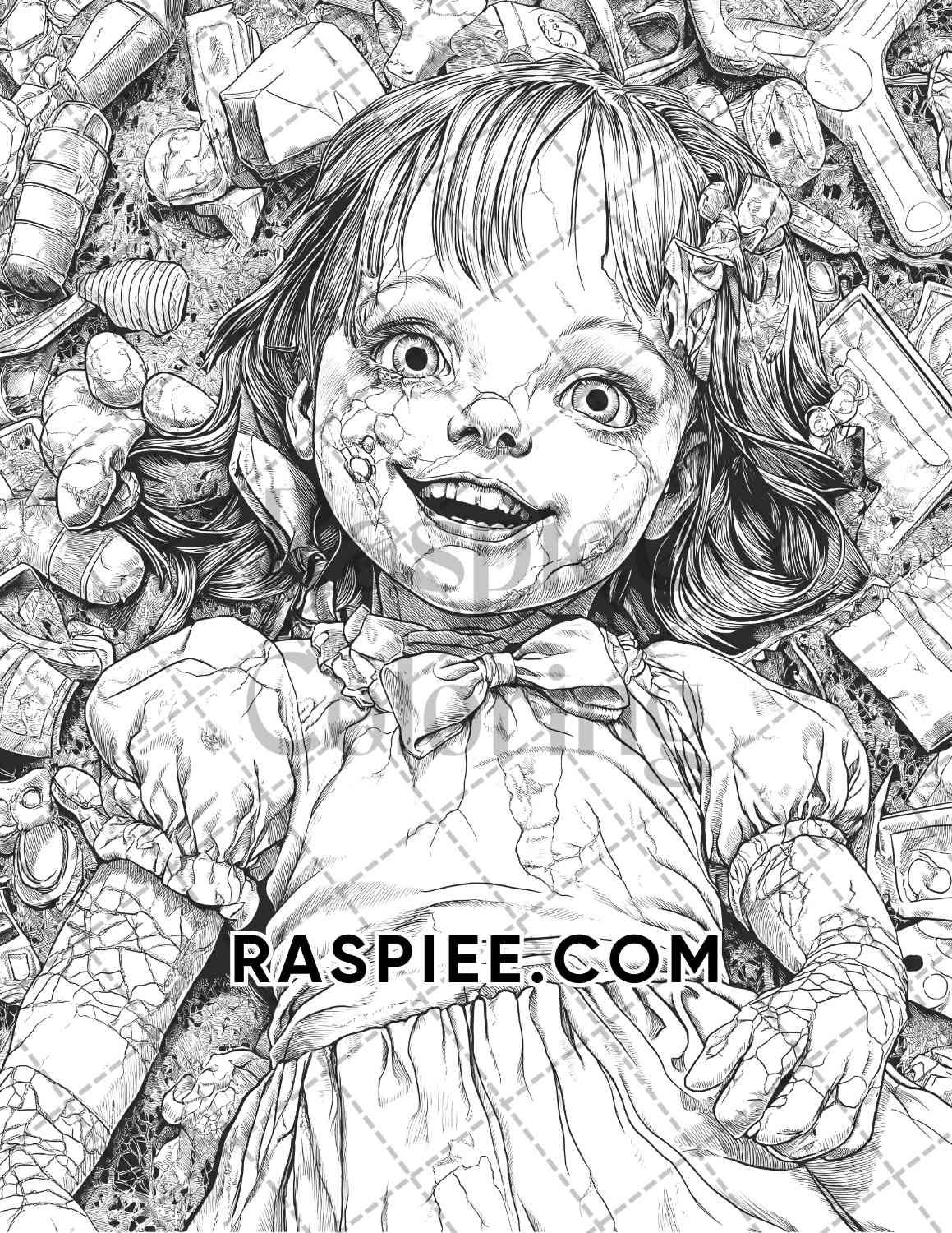 Haunted Dolls Halloween Horror Adult Coloring Pages Printable PDF Instant Download - RASPIEE