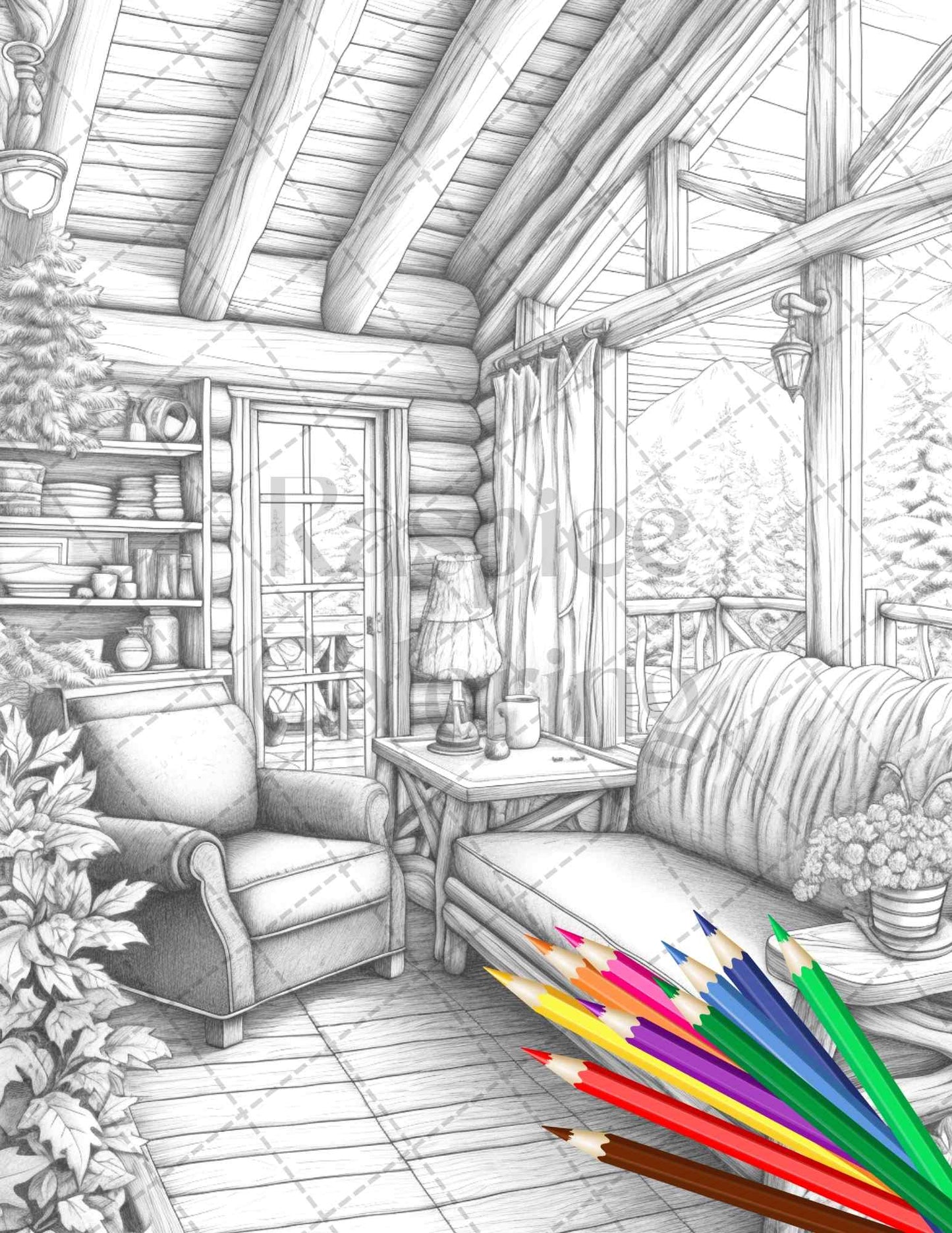 Cozy Cabin Interior Grayscale Coloring Pages Printable for Adults, PDF File Instant Download - raspiee